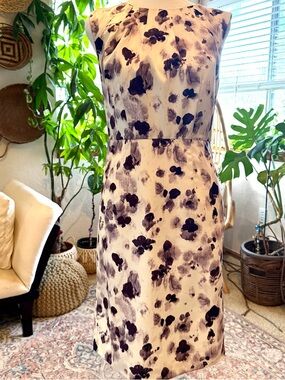 Ann Taylor Cream Dress with Purple Watercolor Floral Print Wedding Guest Spring